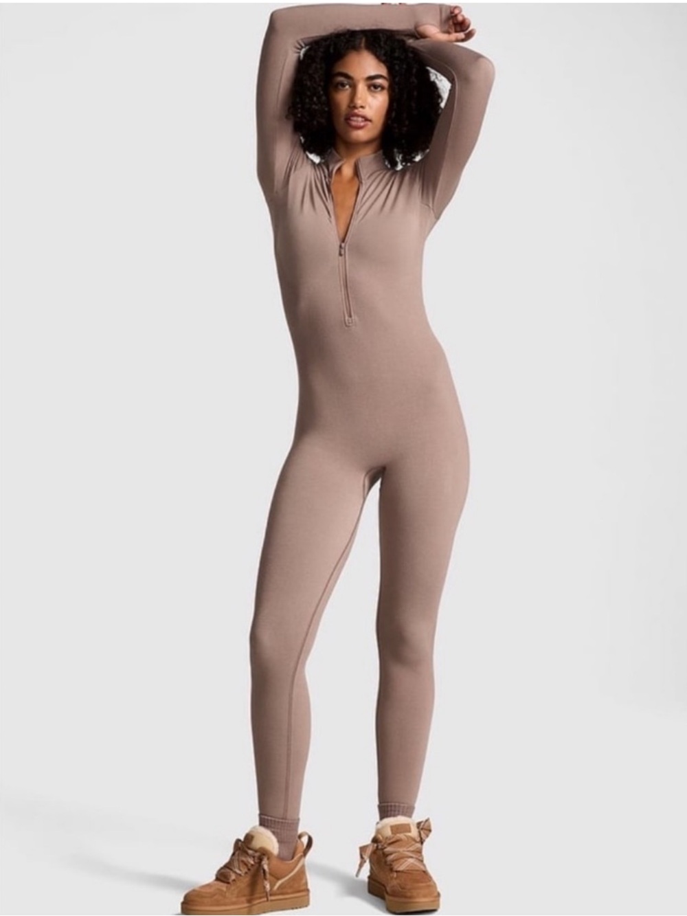 NWT Victoria's Secret Pink Long-Sleeve Taupe Ribbed Jumpsuit Sizes XS, S & M